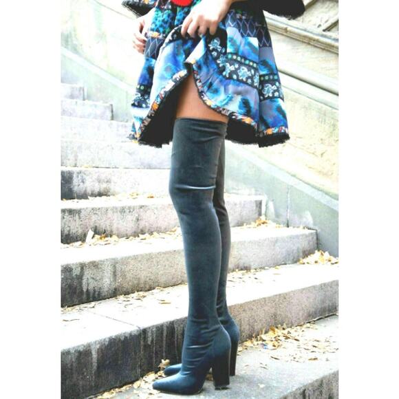 ZARA Over the Knee Boots Stretch Velvet Pointed Toe Block High Heel Blue/ Gray - Picture 1 of 15